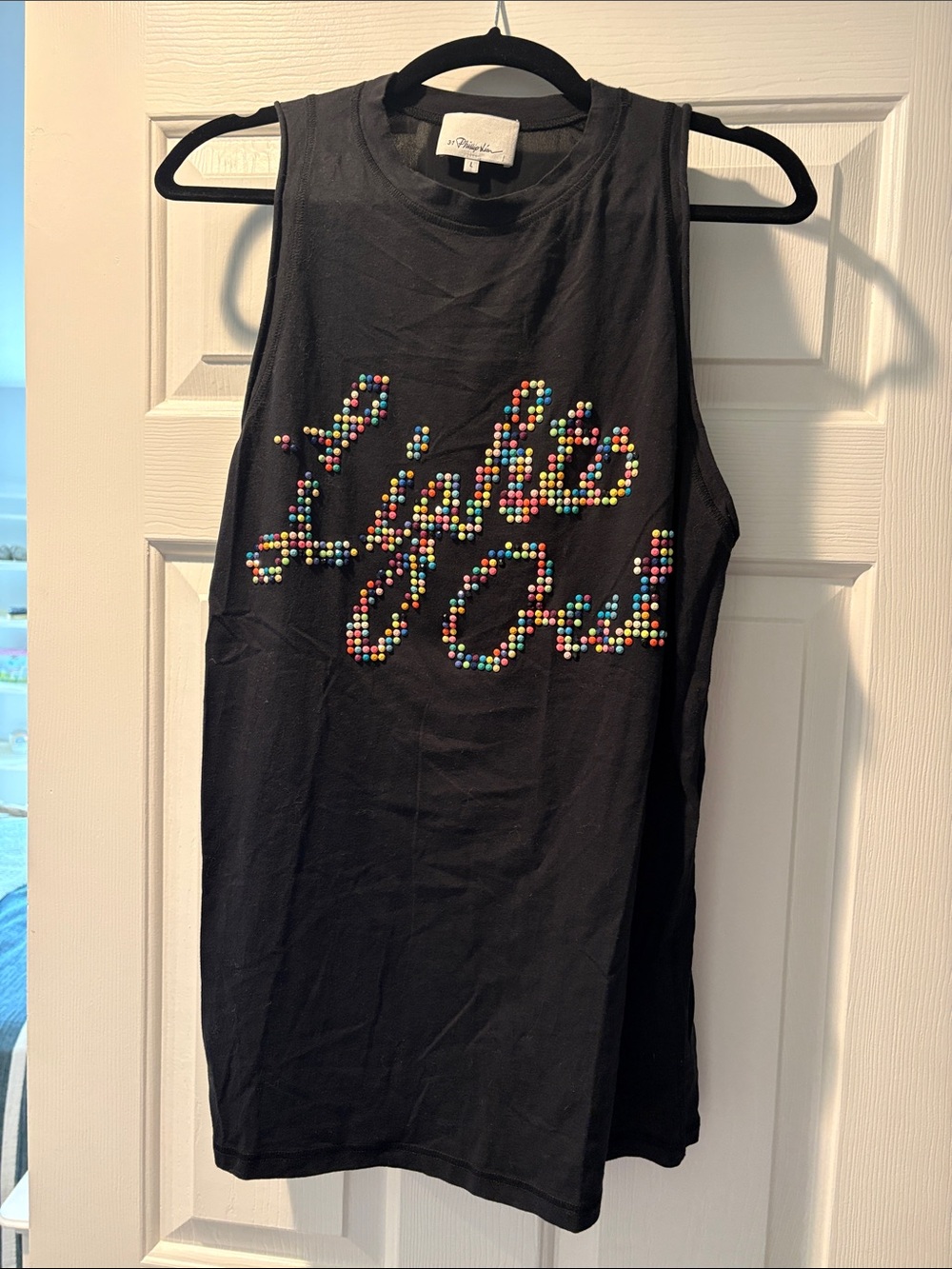 3.1 Phillip Lim Black Tank with Multicolor Bead Script